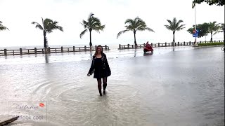 Leather jacket, black dress, black nylon, heels, deep puddles❤️❤️❤️• Wetlook • Wet dress