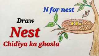 Bird nest drawing easy,Nest drawing easy for kids,draw Bird house for EVS,N for Nest,draw ghosla