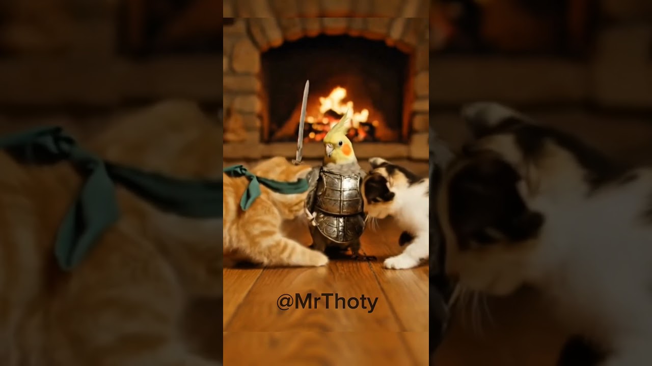 Medieval Cockatiel Battles Two Tiny Warrior Kittens