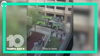 Florida firefighters visit colleague recovering from COVID-19 at hospital