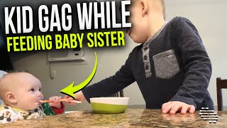 Sight of Puréed Foods Makes Kid Gag While Feeding Baby Sister