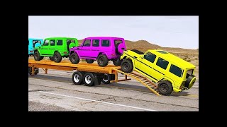 Flatbed Trailer Mercedes G Class Cars Transportation with Truck - Pothole vs Car #007 - BeamNG.Drive