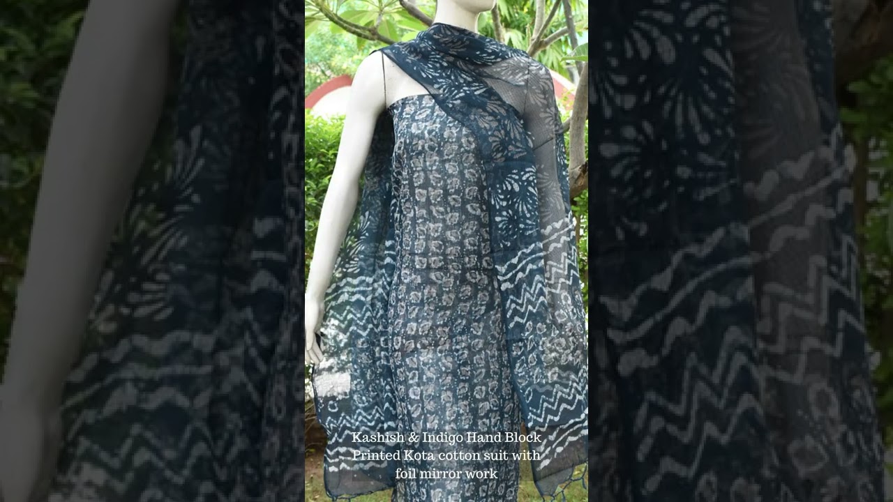Kashish & Indigo Hand Block Printed Kota cotton suit with foil mirror work