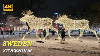 Stockholm City Centre - Winter - On a Snowy Night - 4K