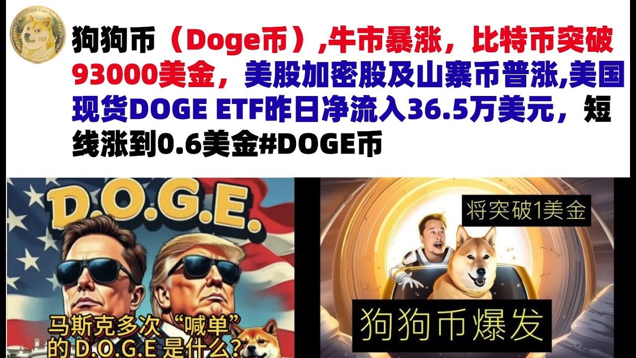 狗狗币（Doge币）,牛市暴涨，比特币突破93000美金，美股加密股及山寨币普涨,美国现货DOGE ETF昨日净流入36.5万美元，短线涨到0.6美金 #DOGE币#马斯克狗狗币#DOGE行情分析-