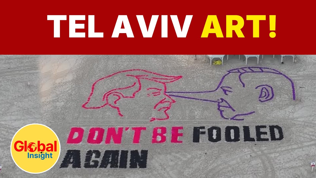 Drone Footage Shows Tel Aviv Beach Installation Featuring Long-Nosed Netanyahu and Trump