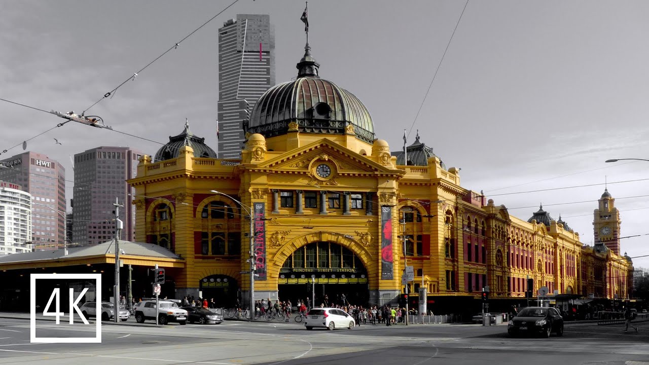 Walking tour Melbourne CBD | from Flinders Street Station | 4K Sunny day| City sound and information