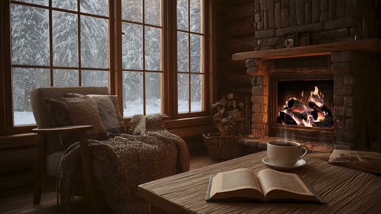 3 Hours Winter Wind & Fireplace Ambience | Snowy Night Outside | Sleep Relax Focus❄️🔥