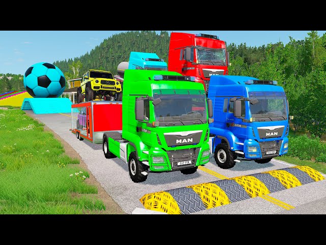 Double Flatbed Trailer Truck vs Speedbumps Train vs Cars | Tractor vs Train Beamng.Drive 060 class=