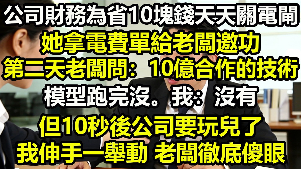 公司財務為省10塊錢天天關電閘，她拿電費單給老闆邀功。第二天老闆問：10億合作的技術模型跑完沒。我：沒有，但10秒後公司要玩兒了。我伸手一舉動，老闆徹底傻眼
