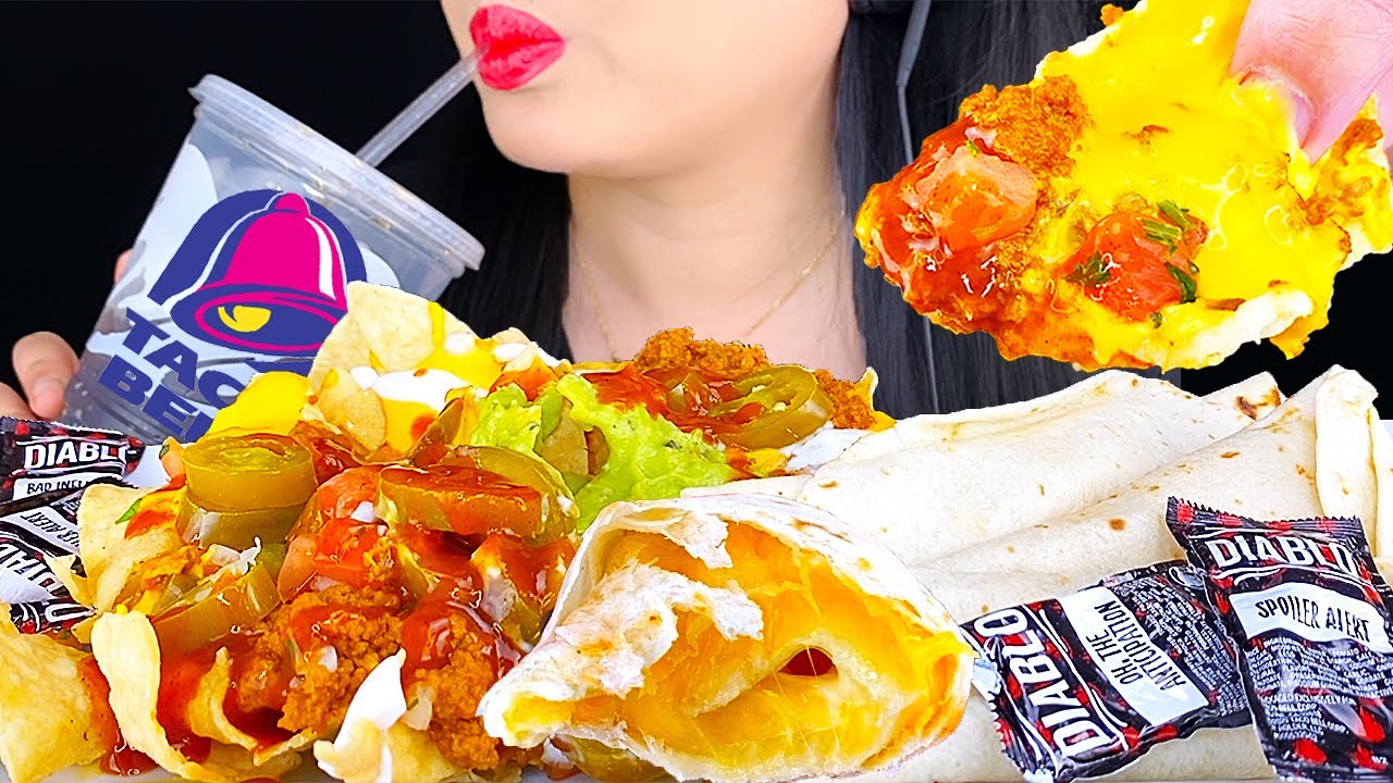 ASMR SPICY CHEESY ROLLUPS & NACHOS *Crunchy & Soft Eating Sounds* (Taco Bell MUKBANG) ASMR Phan