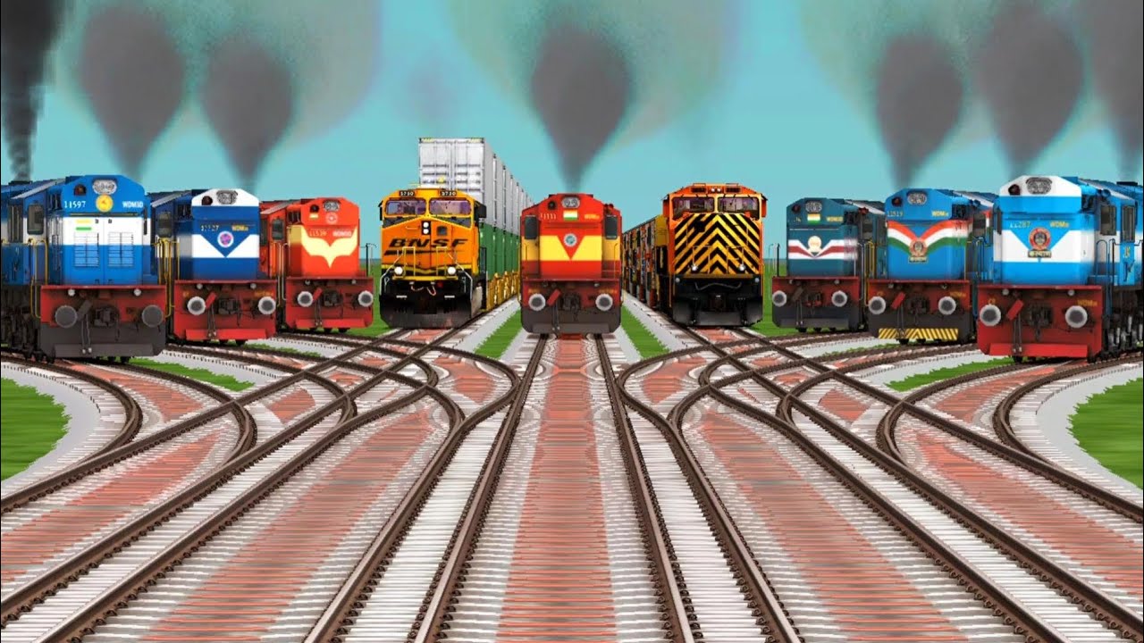 9 Diesel Trains Crossing By Bumpy Curvd Railroad Tracks || indian express || train simulator classic