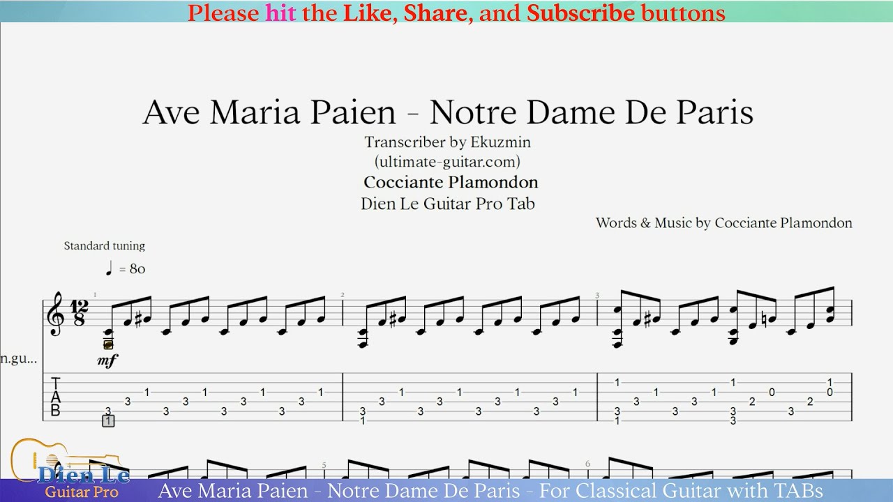 Ave Maria Paien Notre Dame De Paris For Classical Guitar with TABs