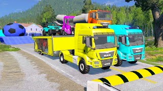 Double Flatbed Trailer Truck vs Speedbumps Train vs Cars | Tractor vs Train Beamng.Drive #