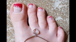 Classic Red & White NAIL ART On TOES! / Lacy ToeNails French Manicure