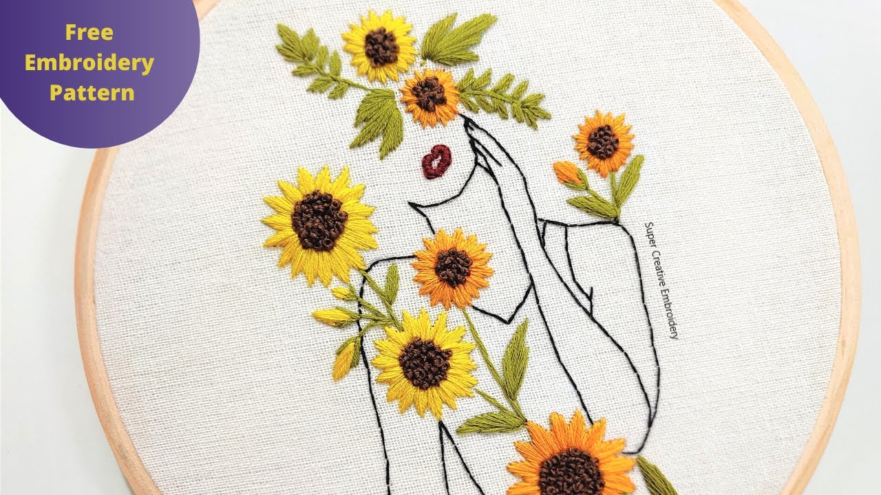 Girl with Sunflower Embroidery Pattern (Free) / Self Love Embroidery