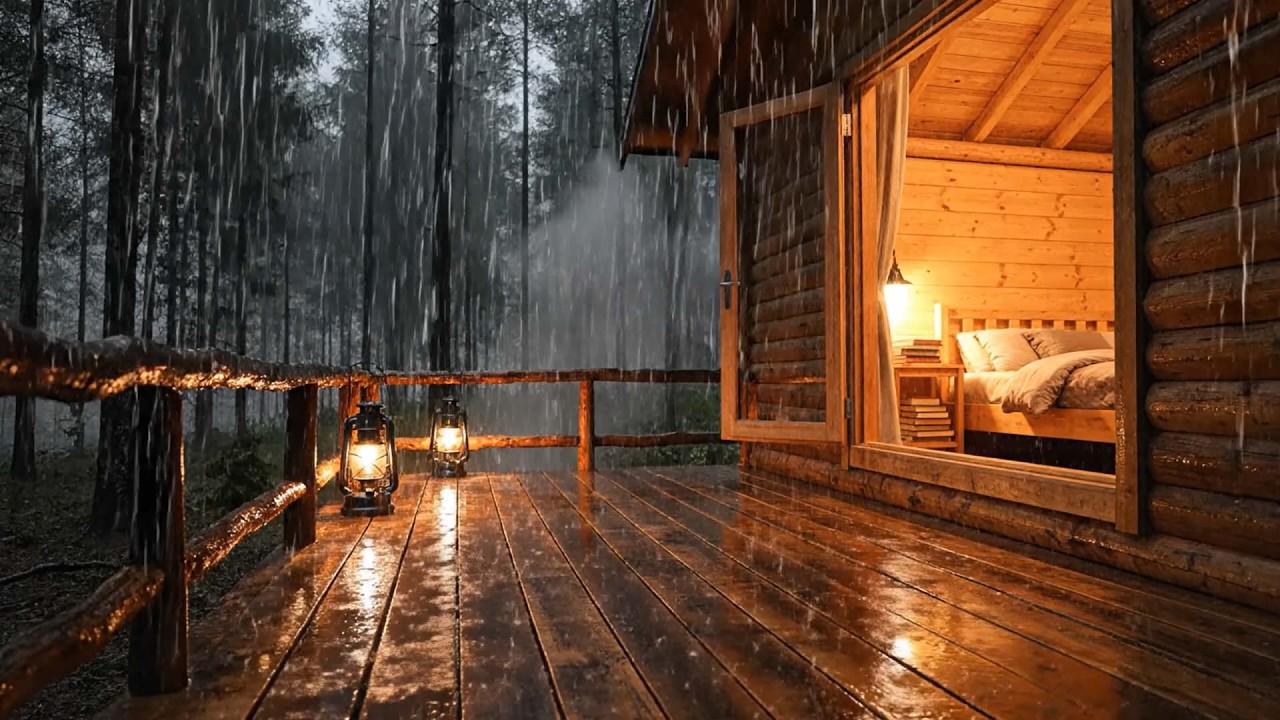 Heavy Rain on Wooden Porch Ambience 🌧️ Thunderstorm Sounds for Sleeping & Studying (2 Hours)