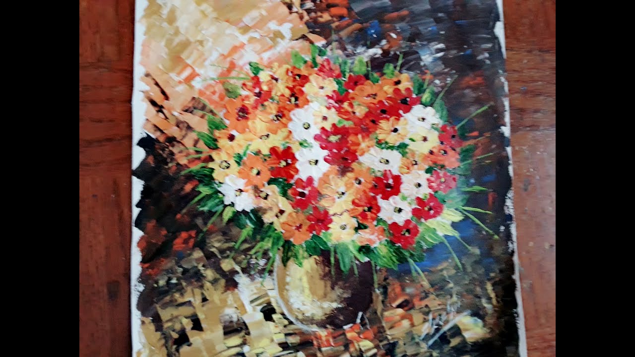 Abstract flowers with flower vase painting ll Palette knife acrylic ...