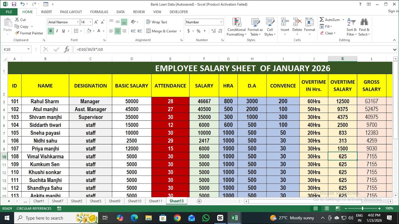 Excel Me Employee Salary Sheet Kaise Banaye | Monthly Salary Sheet in Excel (Step by Step)  S.C.I ||