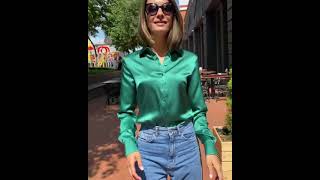 Walking In Green Satin Blouse