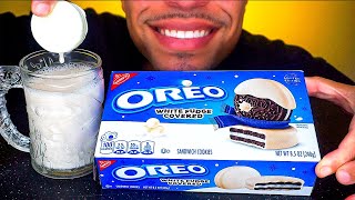 OREO WHITE FUDGE CHOCOLATE COVERED COOKIES WITH MILK EATING MOUTH SOUNDS JERRY CANDY ASMR