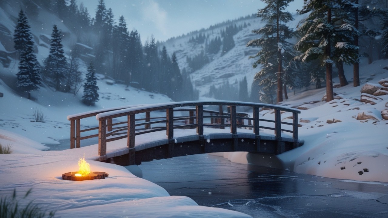 3 Hours of Calm Piano — Snowy Bridge & Winter Firelight for Sleep