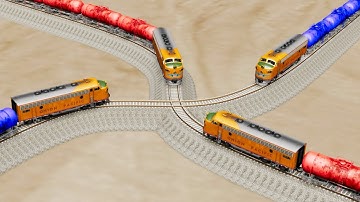 Impossible Multiple Overlapping Rail Tracks Crossover Vs Trains Crossing  - BeamNG.Drive