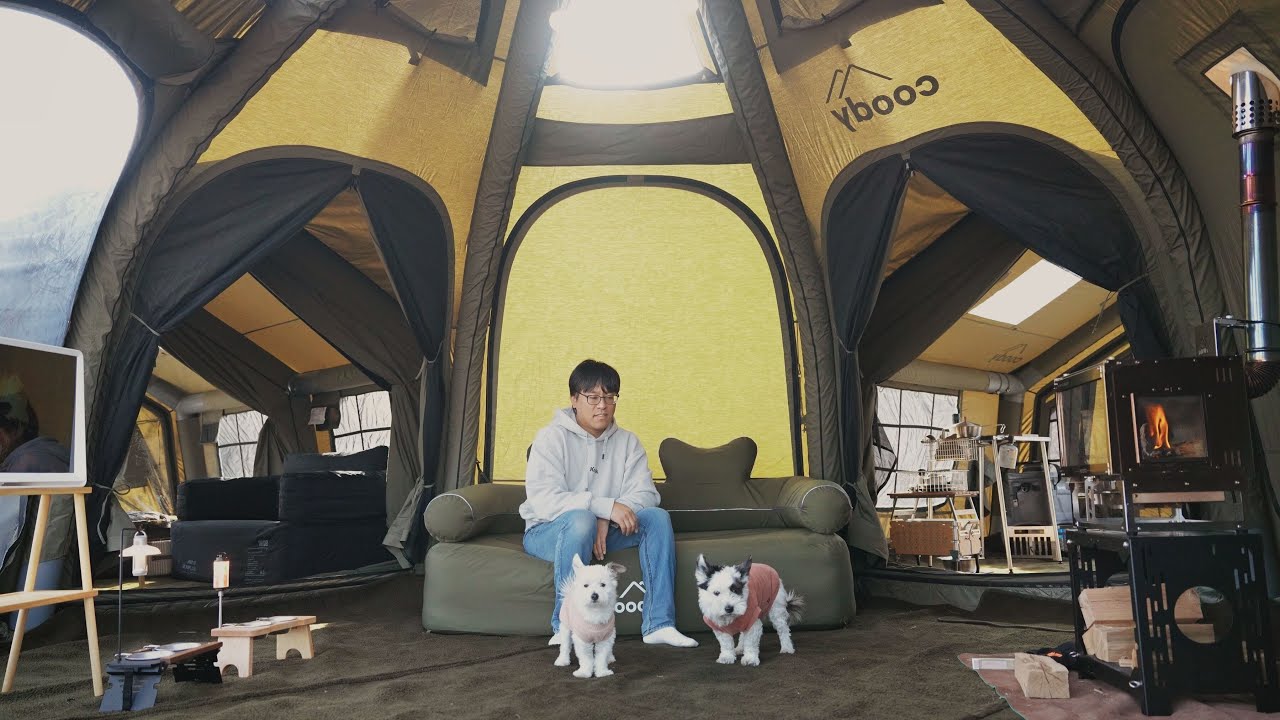 Зимний поход с 15-летним подростком и годовалым щенком в большой четырехкомнатной надувной палатке.