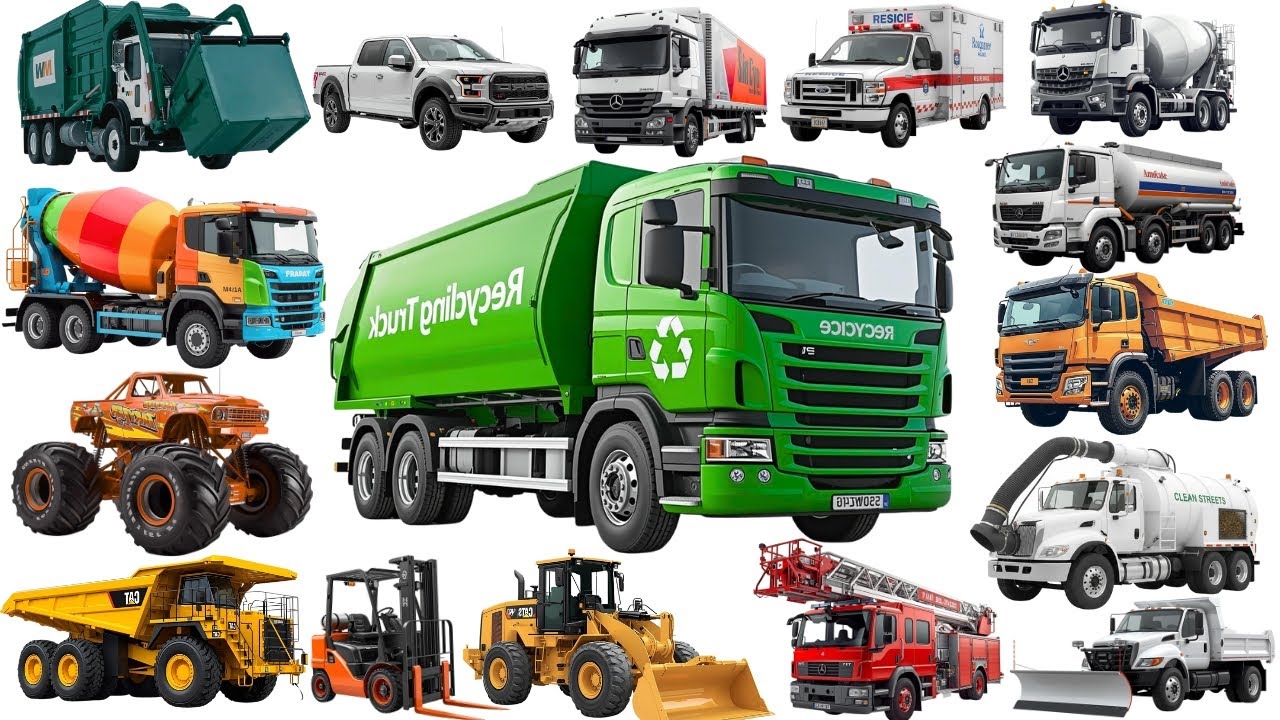 Большие грузовики для детей | Узнайте о грузовике для сбора вторсырья, бетономешалке, самосвале и...