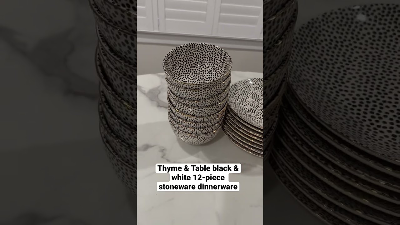 Thyme & Table black & white 12-piece stoneware dinnerware for under $50. Perfect for Dinner Parties