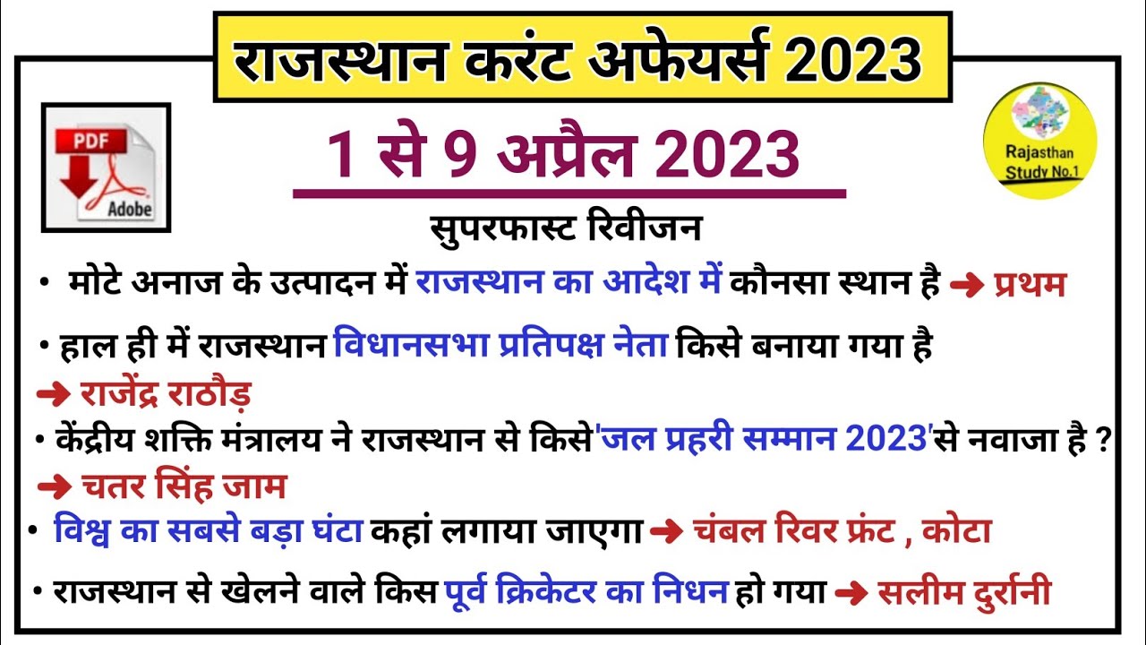 1 To 9 April Rajasthan Current Affairs 2023 l Weakly Current Affairs l ...