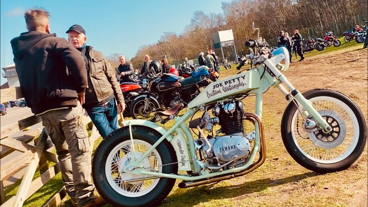 PATHFINDER CAFE Motorcycles JOE PETTY Custom Built Bike in the WARM SPRING SUN at BLACKBUSHE Airport