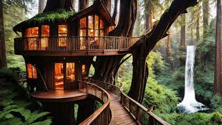 Relaxing and sleeping With Amazing Treehouse in front of Waterfall