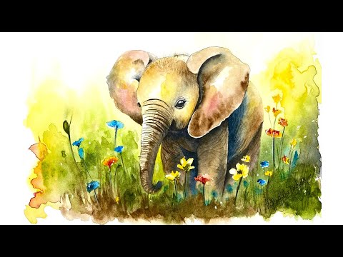 🐘🌸 A Gentle Stroll – Baby Elephant in a Flower Field 🌿✨Watercolor Painting