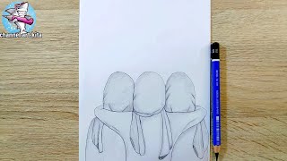 drawing three best friends || pencil sketch || hijab girl || menggambar tiga sahabat