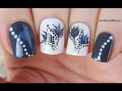 NEEDLE & TOOTHPICK Marble NAIL ART: Grey Flower Nails Design - YouTube