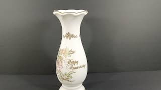 Vintage Enesco Happy Anniversary with Roses and Gold Trim White Porcelain Flower Vase Made in Japan