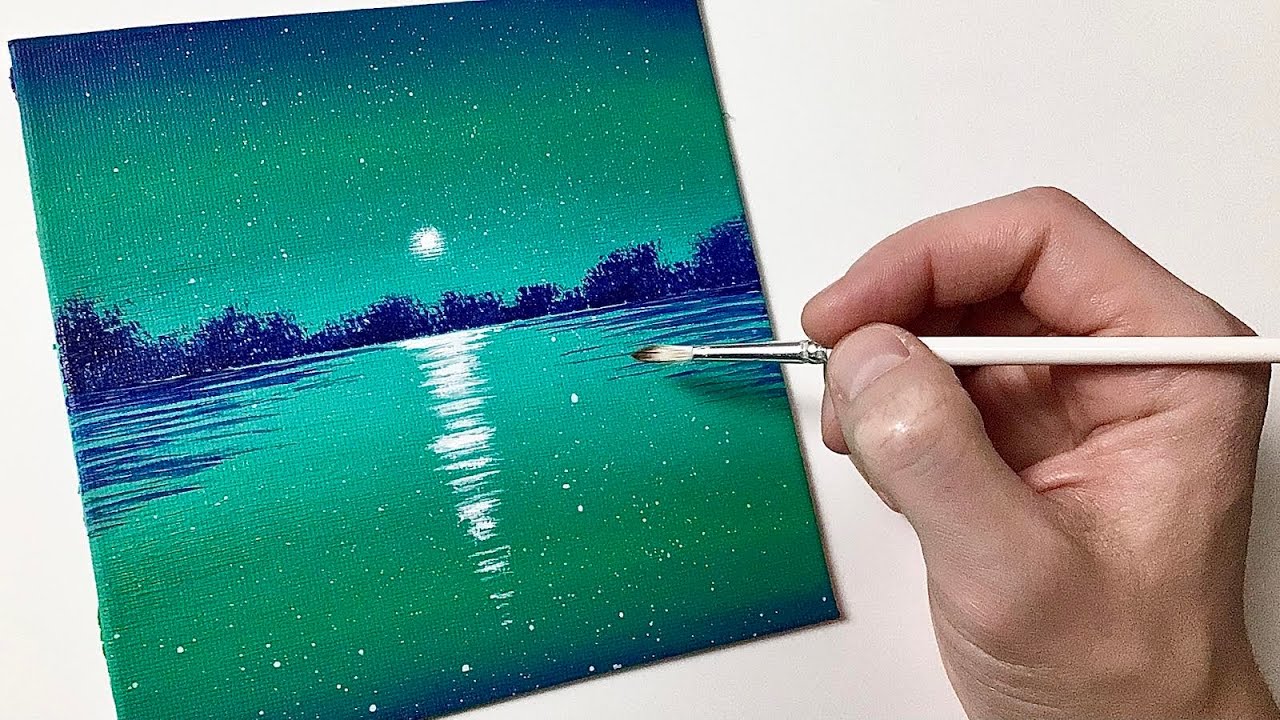 Easy Lake Night Sky for Beginners | Acrylic Painting Tutorial Step by ...
