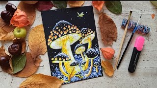 ГРИБОЧКИ ФОНАРИКИ / МАСТЕР КЛАСС ЖИВОПИСИ НА ЧЕРНОМ ФОНЕ / АКРИЛ /acrylic painting /