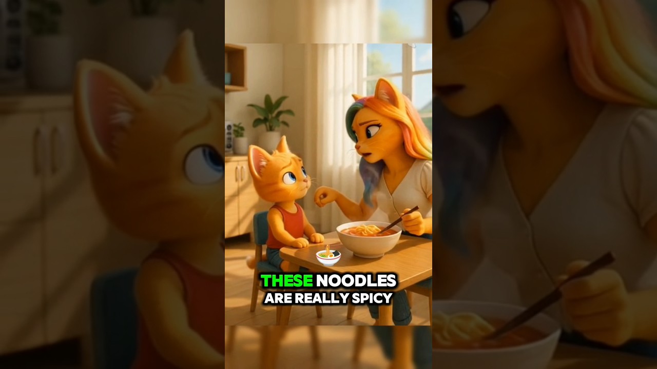 Kitten eats spicy noodles 