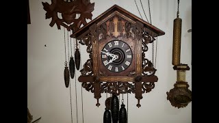 1890 /1910 Quail Railroad Cuckoo Clock
This very old Quail Cuckoo Clock just so happens to be a Rail Road Clock because of the wood detail around the outside of the clock. Missing the carved leaf topper and in time, I will try my hand at making one that goes to this clock.
You can tell this clock had fallen off the wall and also been an art project at one time as well. Like I always say, it this clock could only tell the story of what its life was like until I bought the clock.
You can contact me at
email: justmike2575@gmail.com
Here I do most of my work on clocks. Mainly cuckoo clocks, yet I am always looking for the unusual and eye catching clocks. Some of the clocks I get into are ones that need saved from the dump. They fell off the wall from not securing the clock to the wall using the stud behind the sheetrock. Some of the clocks were laid to rest out in the garage or barn and I except the challange of getting them back together again.
A well loved clock at one time is one that has a lot of wear and you find old bushings that might need to be replaced. 1890 /1910 Quail Railroad Cuckoo Clock