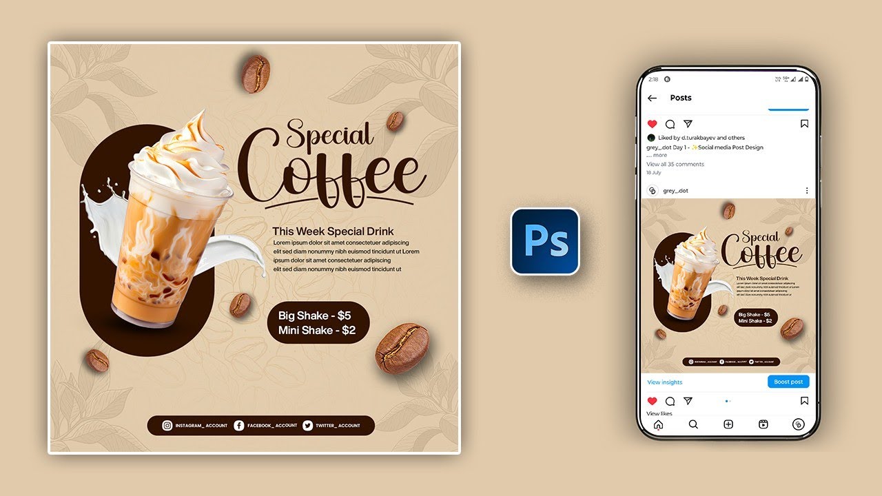 Coffee Social Media Post Design in Adobe Photoshop CC | Grey Dot GFX