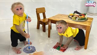 Smart monkey Lily helps dad clean the house after school