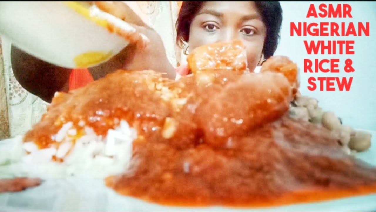 ASMR Nigerian White Rice & Stew, Beans, Ponmo, Beef, Eating (No