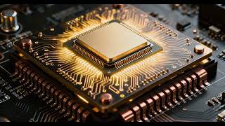 Golden AI Microchip Processor on Circuit Board with Glowing Electronic Connections