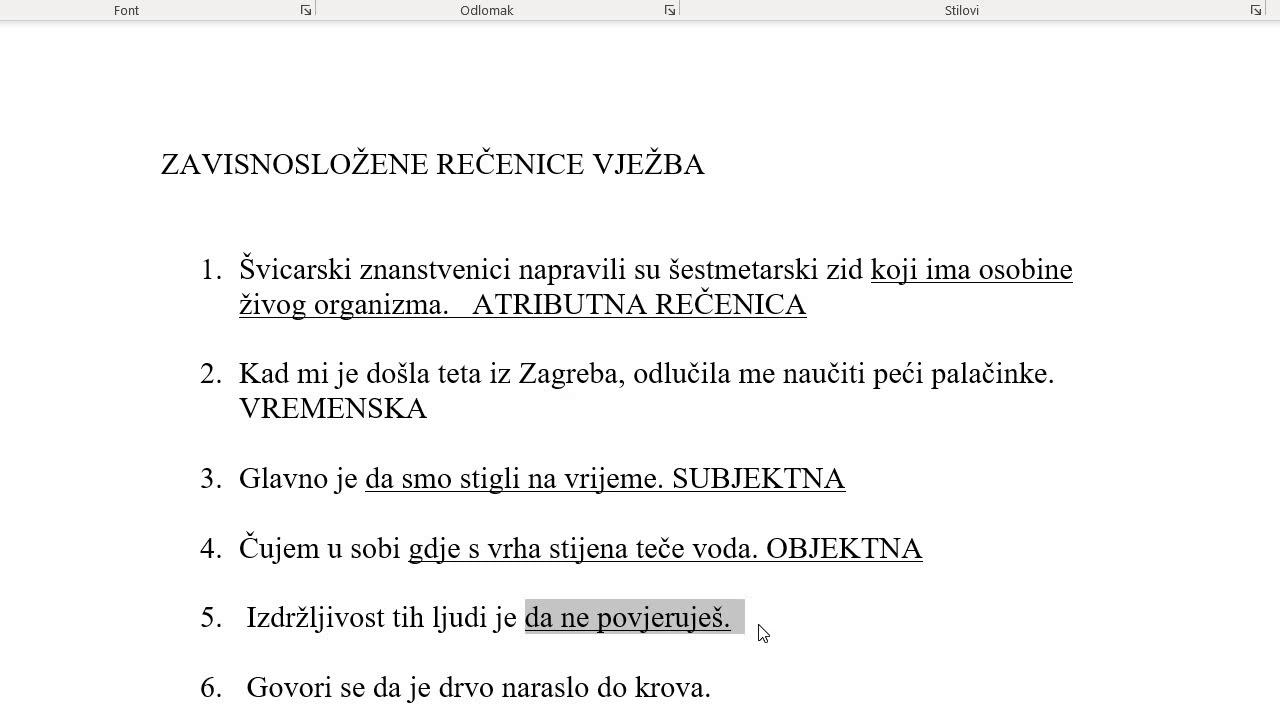 Određivanje vrste zavisnim rečenicama