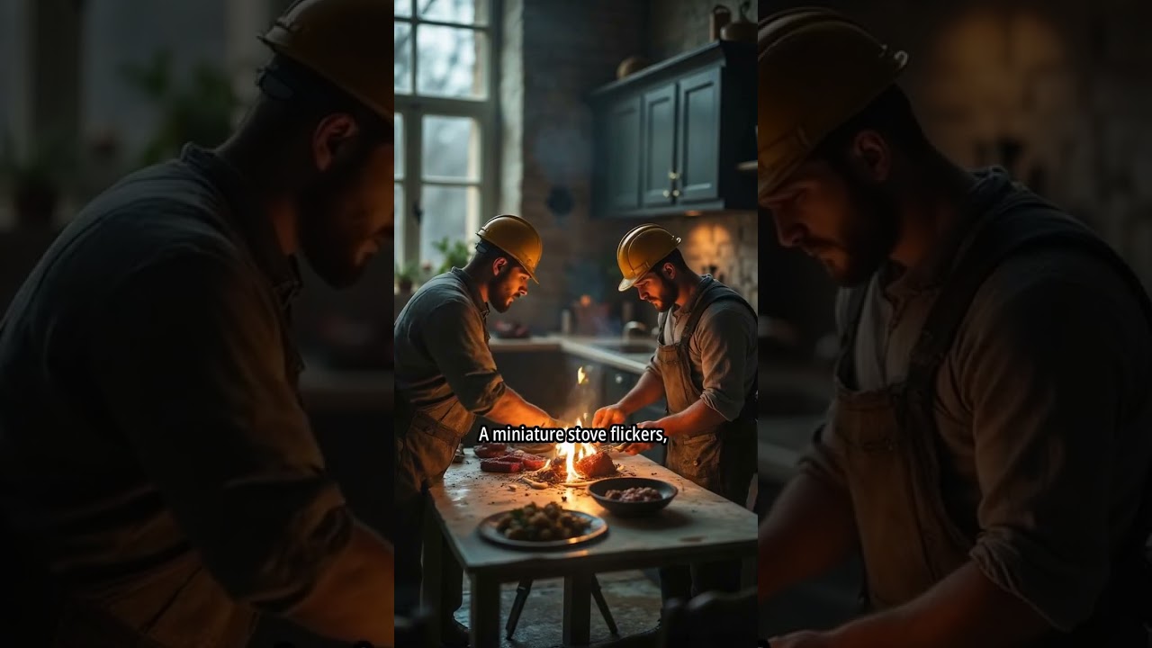 Mini construction workers cook a giant steak 