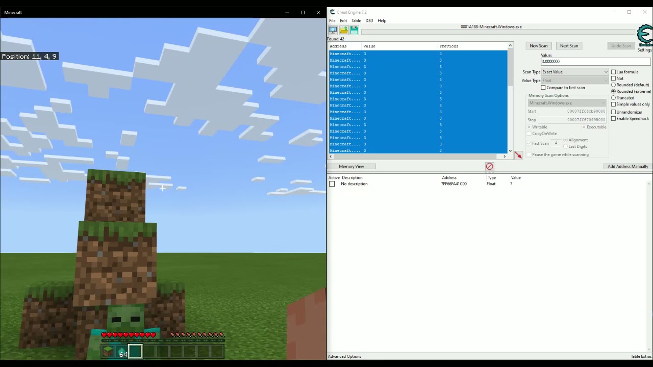 Minecraft Windows 10/Bedrock Edition Finding Reach With Cheat Engine