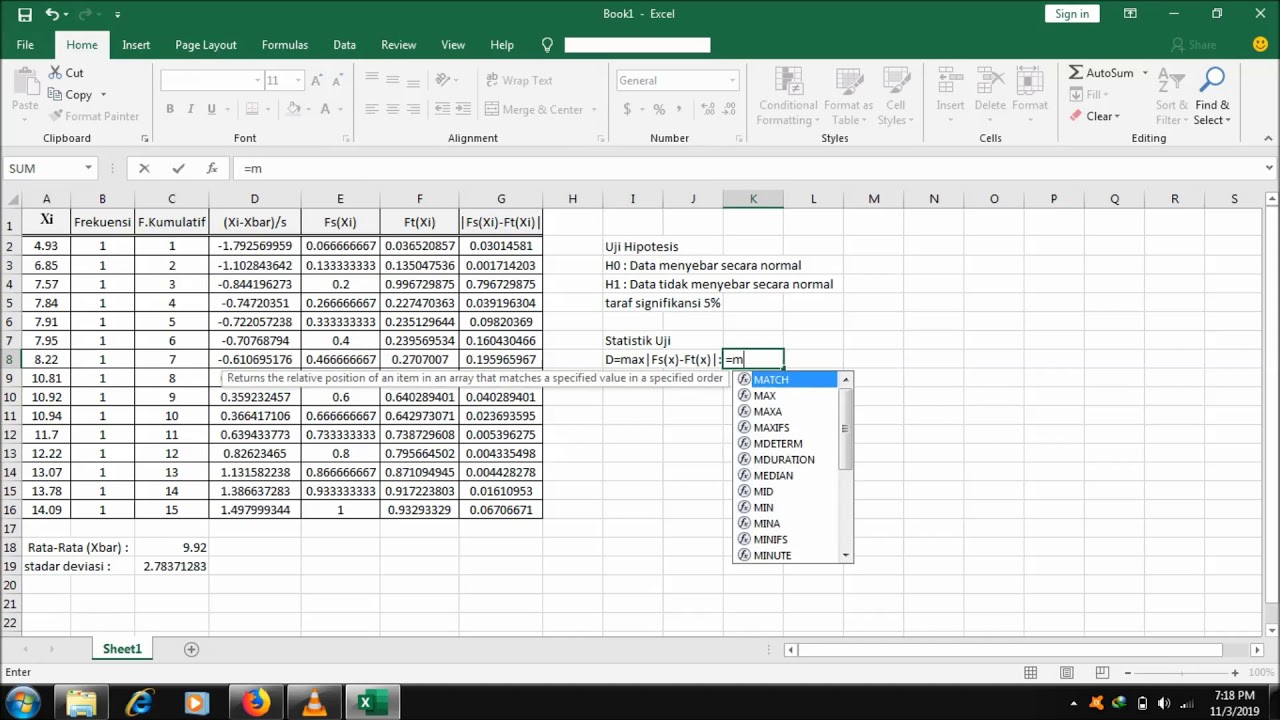 UJI NORMALITAS (UJI KOLMOGOROV-SMIRNOV) DENGAN EXCEL - YouTube