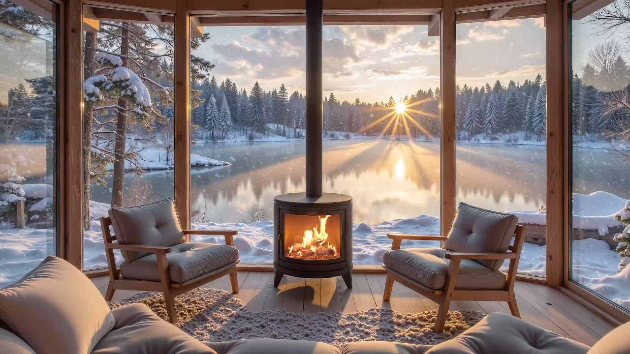 Winter Sunrise Cabin Piano ❄️ | Cozy Fireplace Ambience for Study & Relax 🔥 Warm Piano Music